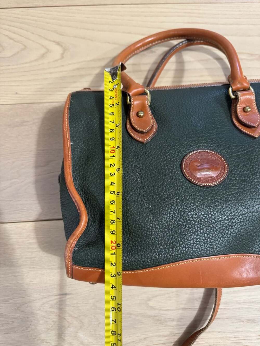 Vintage Dooney & Bourke All-Weather Leather Satchel Bag Green and Tan - Picture 10 of 15